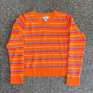 Vintage Y2K Hollister Co.Bright Orange V-Neck Sweater with Stripes Size Large